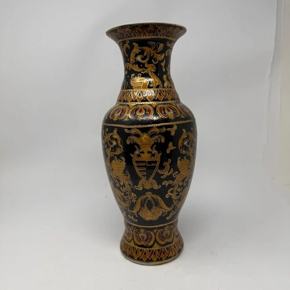 Vintage‎ Chinese Vase Black Gold French Phoenix Crest Floral Chinoiserie 11